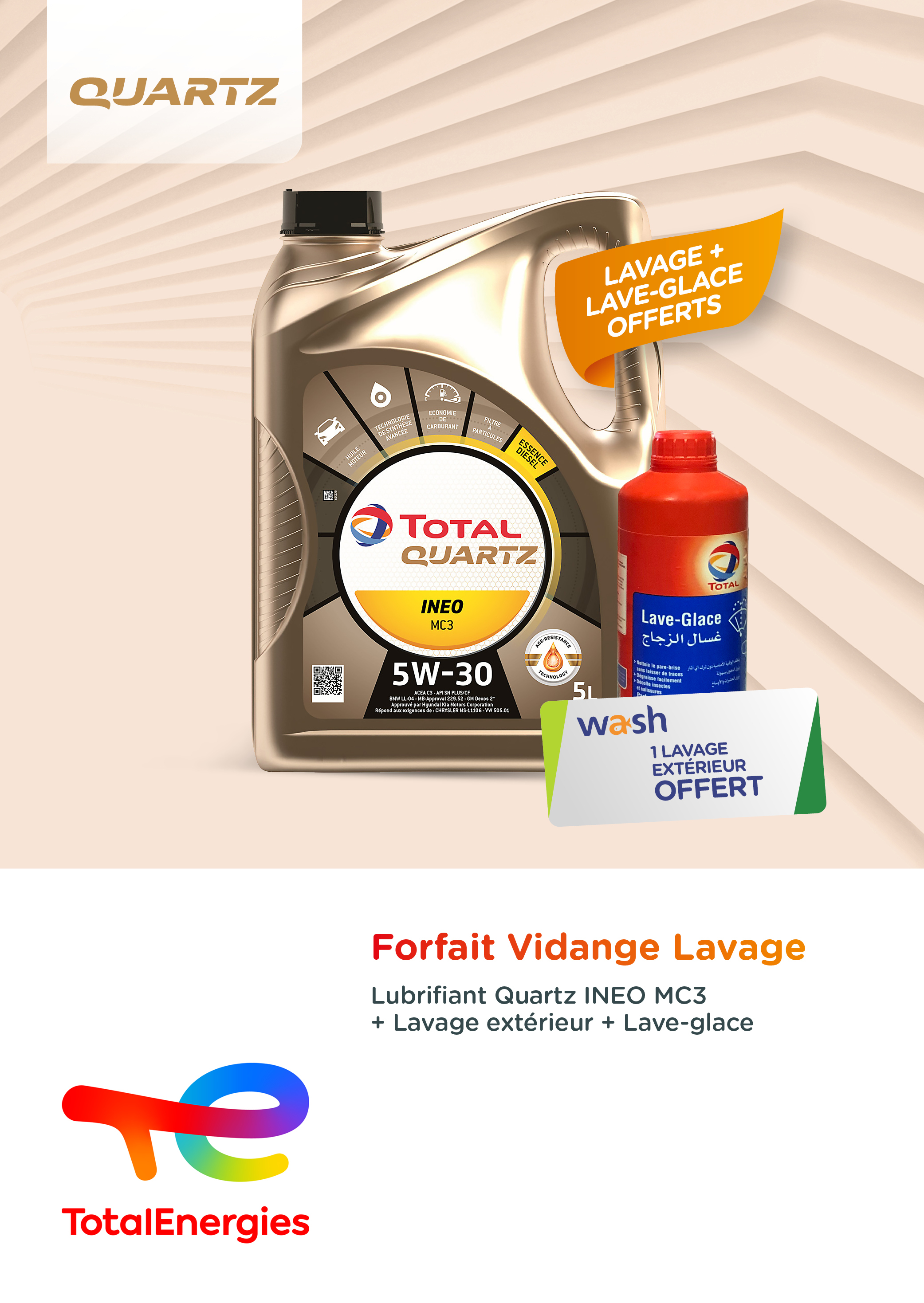   Quartz ineo MC3 5W30 5L : Profitez de notre nouveau forfait avec un produit d'entretien automobile + un lavage extérieur offerts